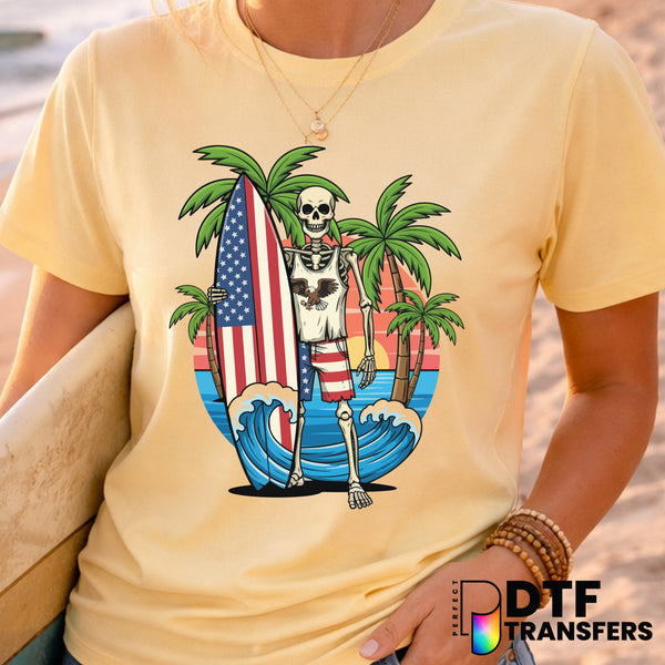 Patriotic Surfing Skeleton – Surfing DTF Transfer