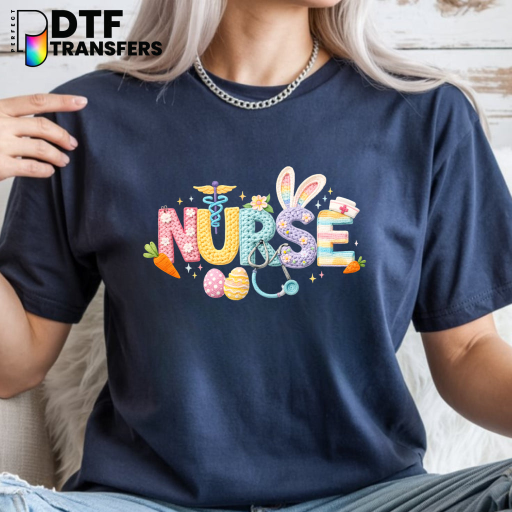 Faux Yarn Easter Bunny Nurse Cross with Stethoscope – School Nurse DTF Transfer