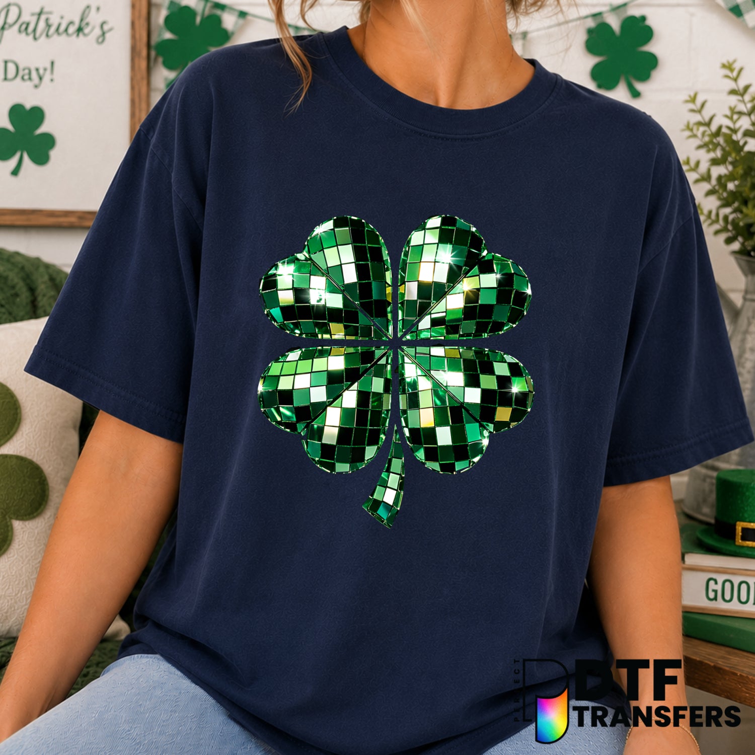 Clover Disco Ball – St. Patrick's Day DTF Transfer (view 1 of 2) – by Perfect DTF Transfers – Premade DTF Transfers – St....