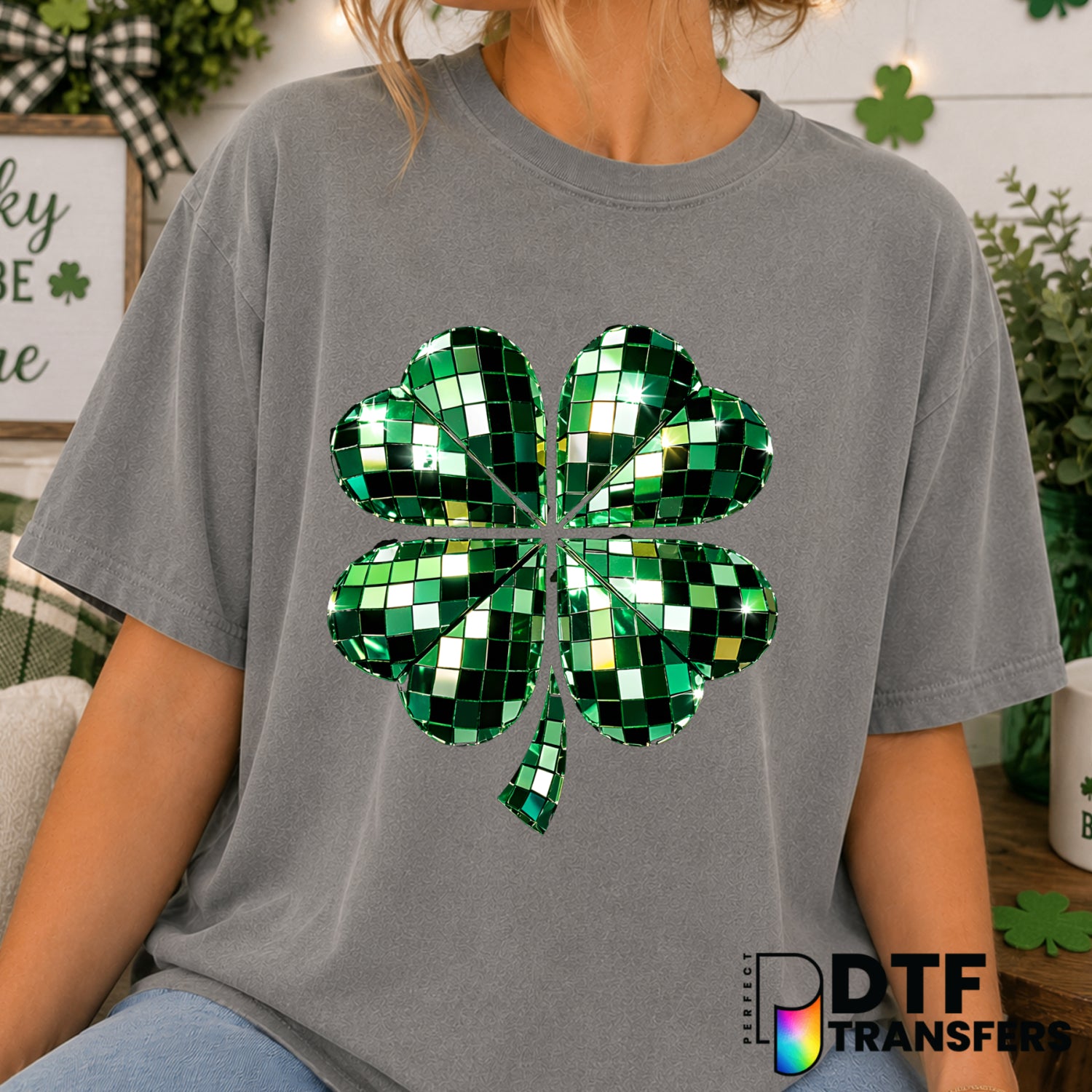 Clover Disco Ball – St. Patrick's Day DTF Transfer (view 2 of 2) – by Perfect DTF Transfers – Premade DTF Transfers – St....