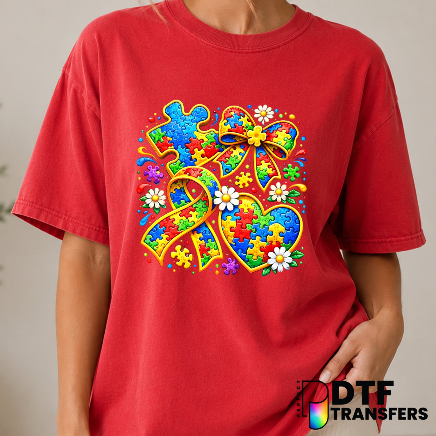 Colorful Floral Puzzle Pieces Neurodiversity Autism Awareness – DTF Transfer (view 2 of 2) – by Perfect DTF Transfers – Pr...