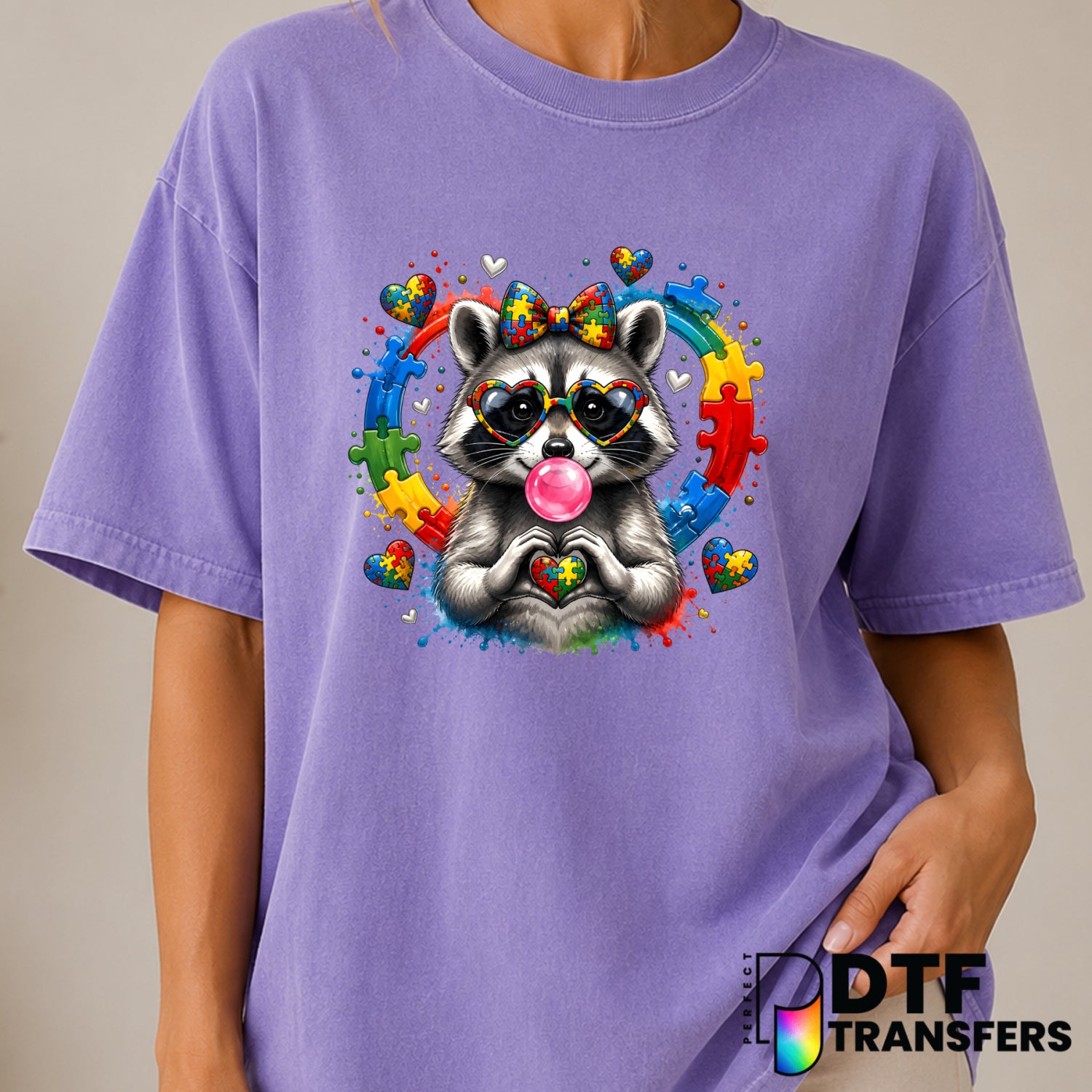 Colorful Raccoon Puzzle – Autism Awareness DTF Transfer (view 1 of 2) – by Perfect DTF Transfers – Premade DTF Transfers –...