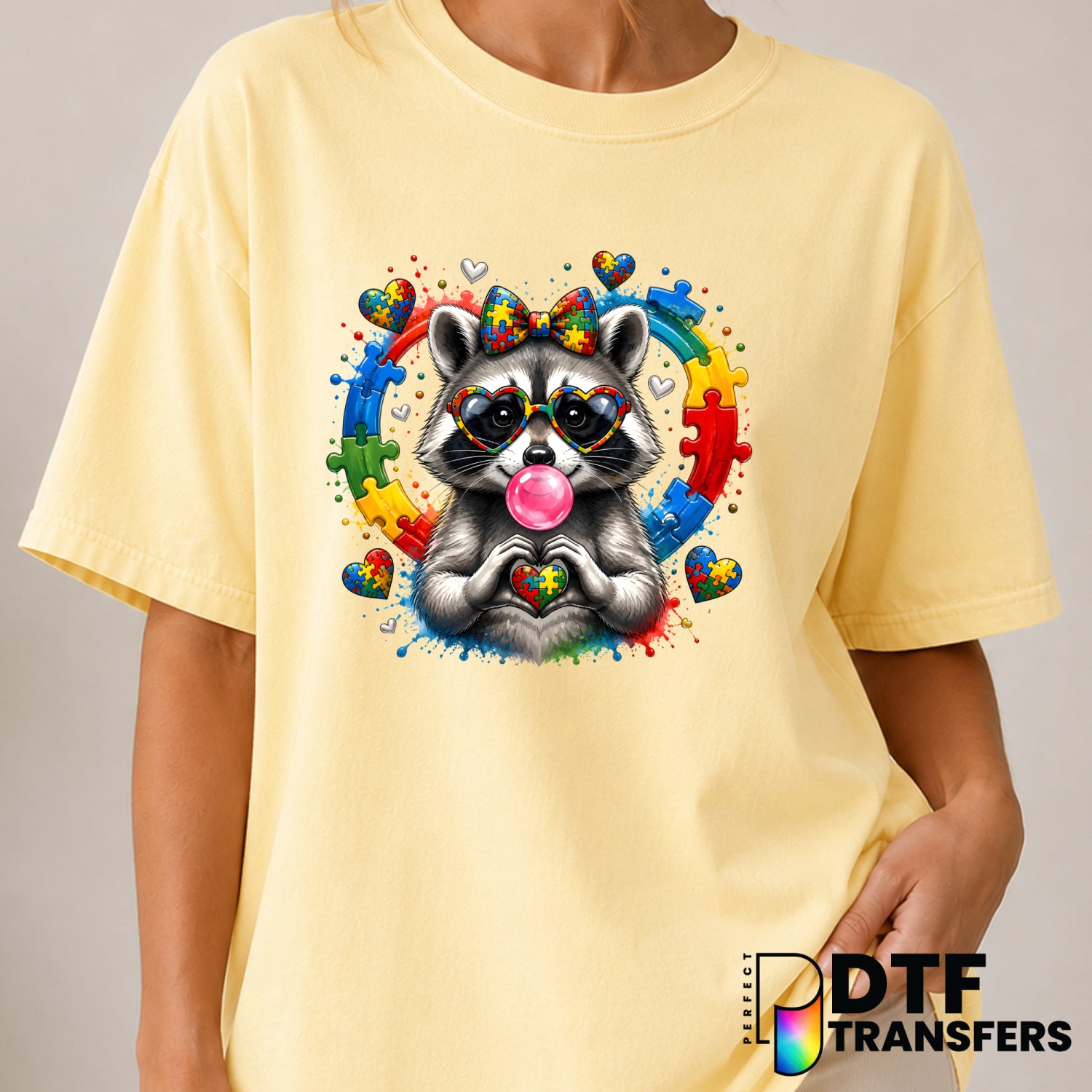Colorful Raccoon Puzzle – Autism Awareness DTF Transfer (view 2 of 2) – by Perfect DTF Transfers – Premade DTF Transfers –...
