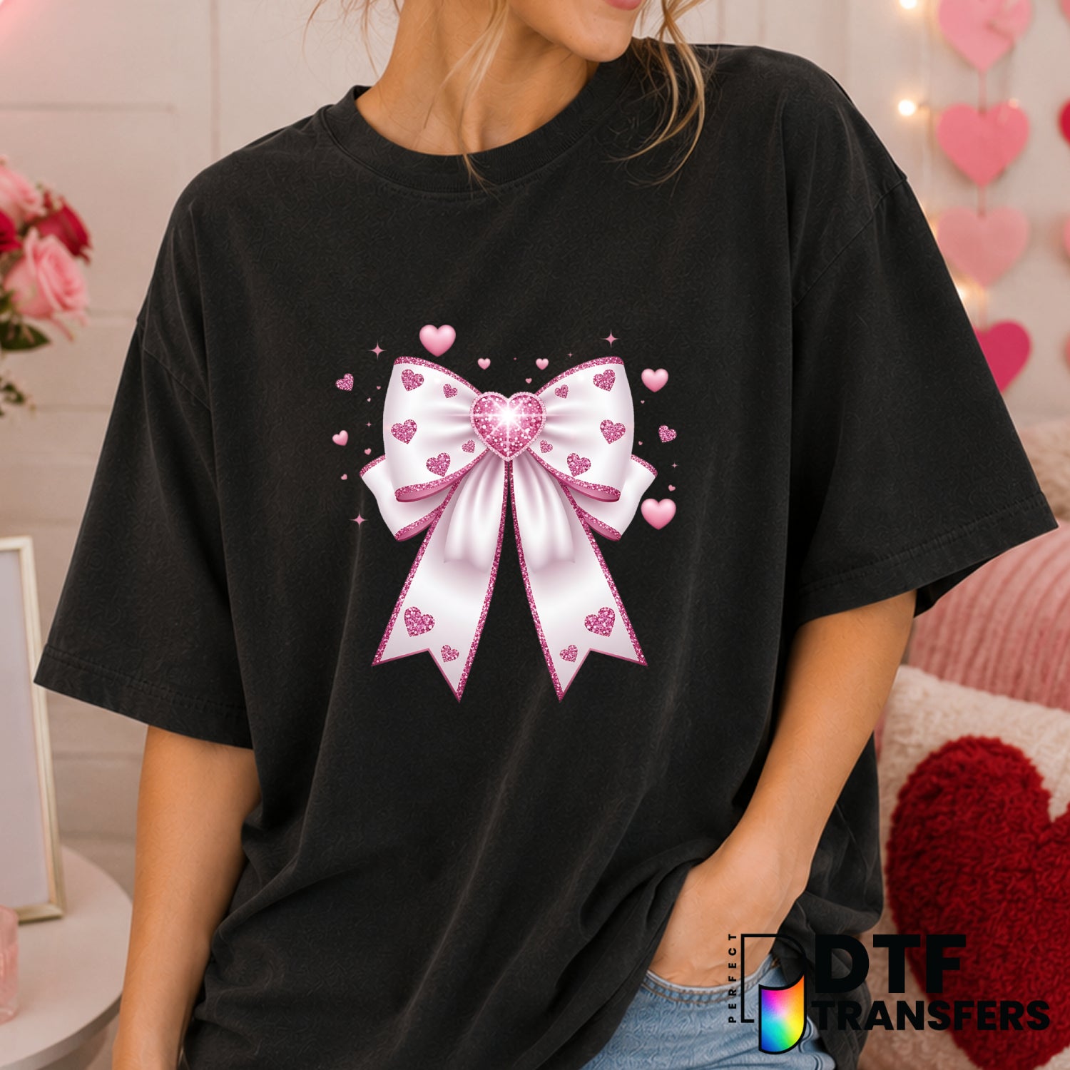 Coquette Bow Faux Glitter Hearts – Valentine's Day DTF Transfer (view 1 of 2) – by Perfect DTF Transfers – Premade DTF Tra...