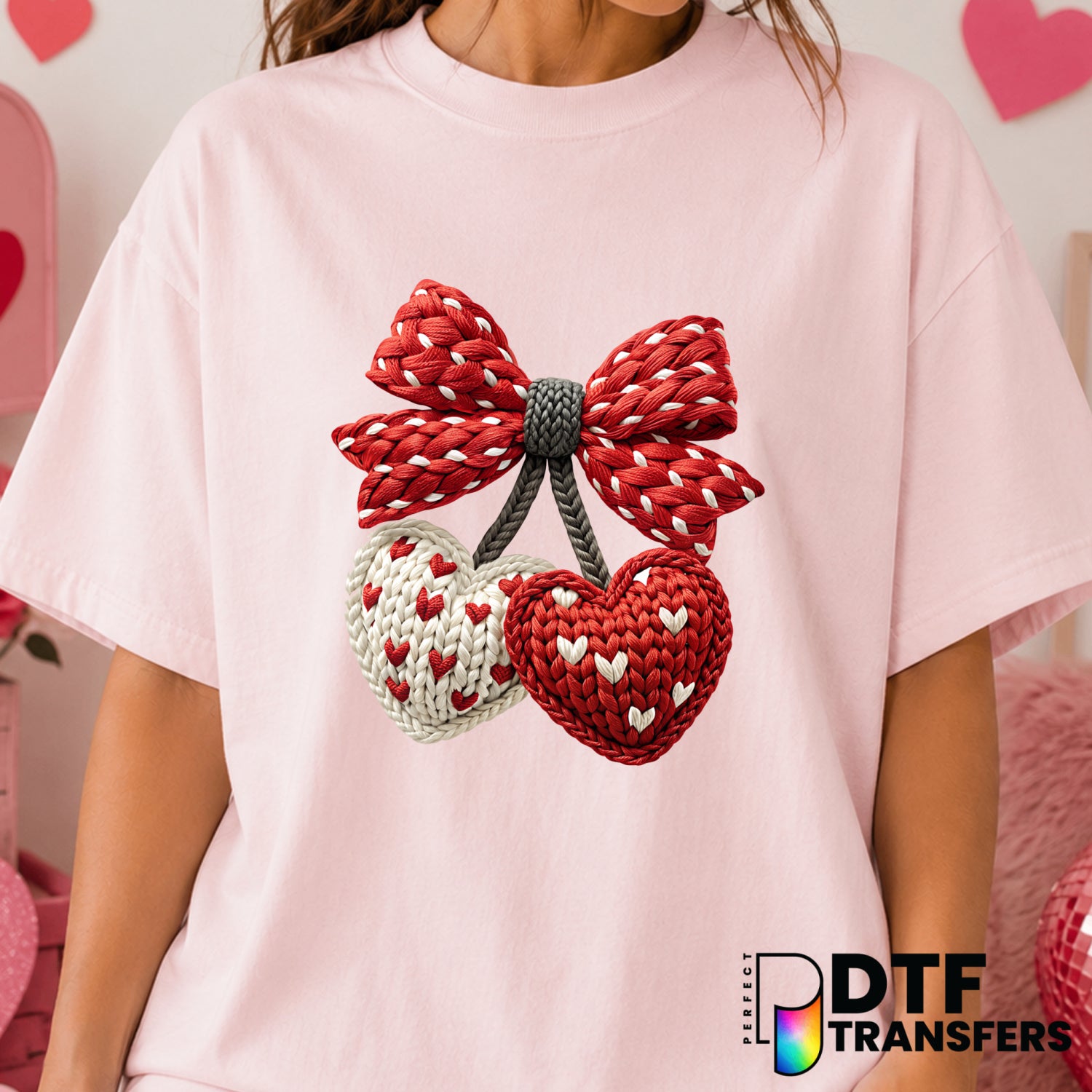 Coquette Cherries & Hearts with Bow – Valentine's Day DTF Transfer (view 2 of 2) – by Perfect DTF Transfers – Premade DTF...