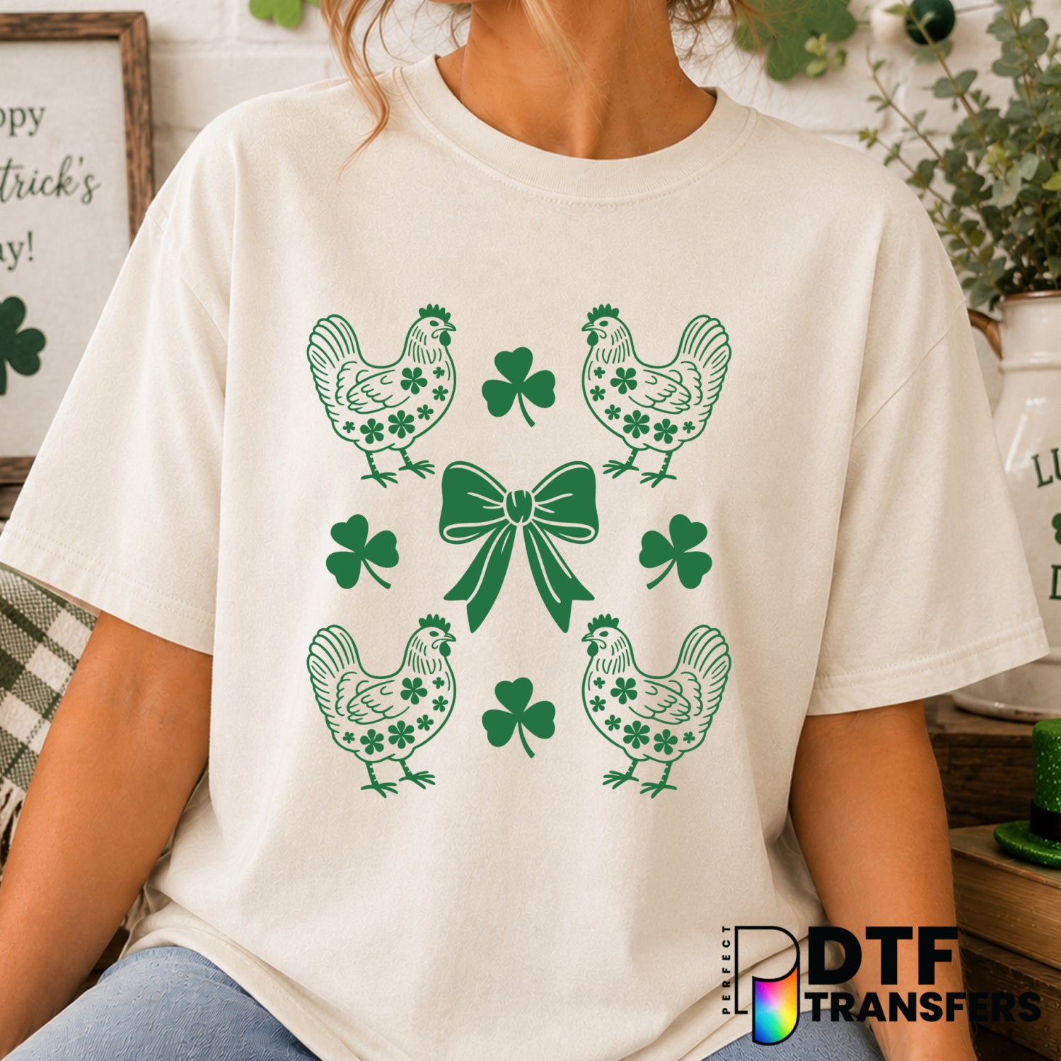 Coquette Chicken Shamrock – St. Patrick's Day DTF Transfer (view 1 of 2) – by Perfect DTF Transfers – Premade DTF Transfer...