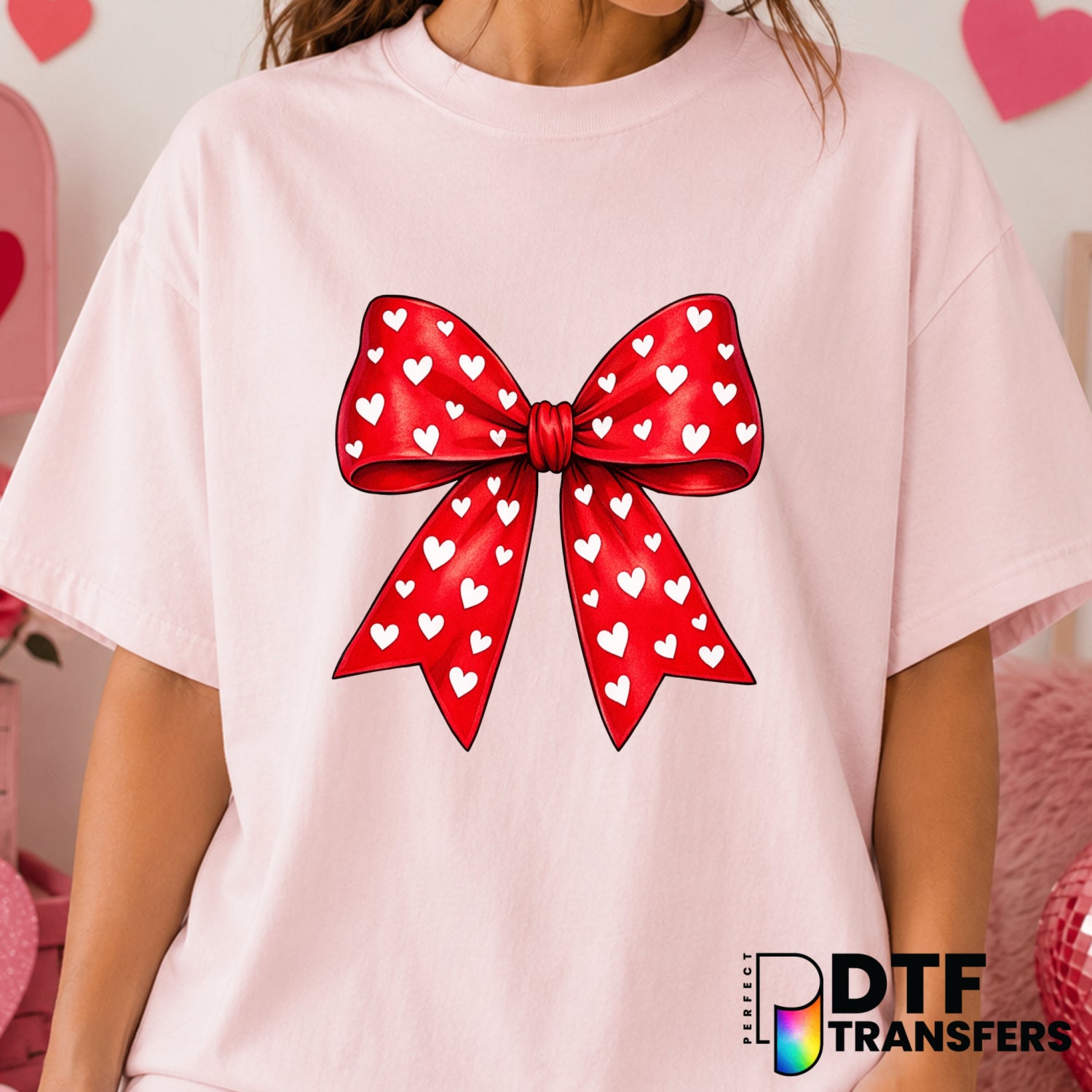 Coquette Red Bow with White Hearts – Valentine's Day DTF Transfer (view 1 of 2) – by Perfect DTF Transfers – Premade DTF T...