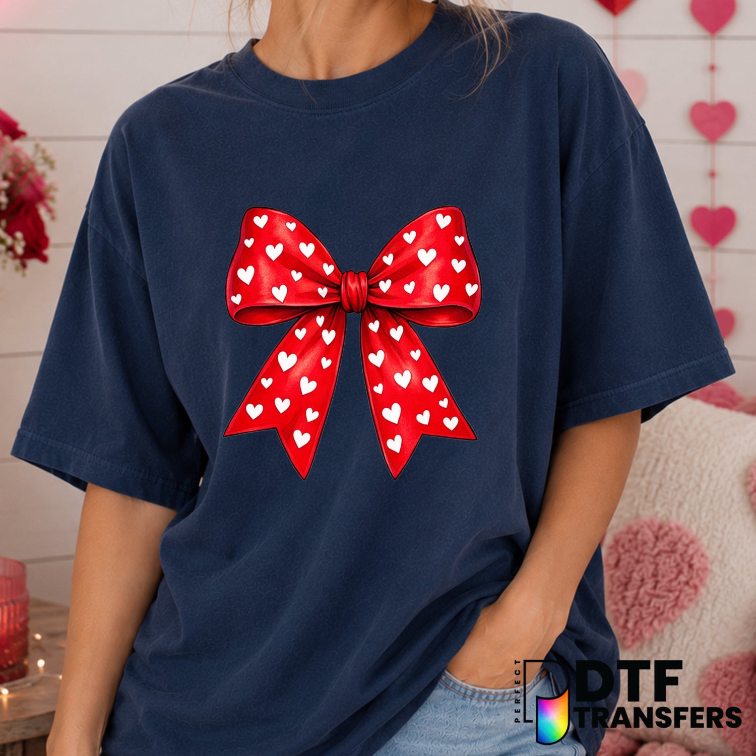 Coquette Red Bow with White Hearts – Valentine's Day DTF Transfer (view 2 of 2) – by Perfect DTF Transfers – Premade DTF T...