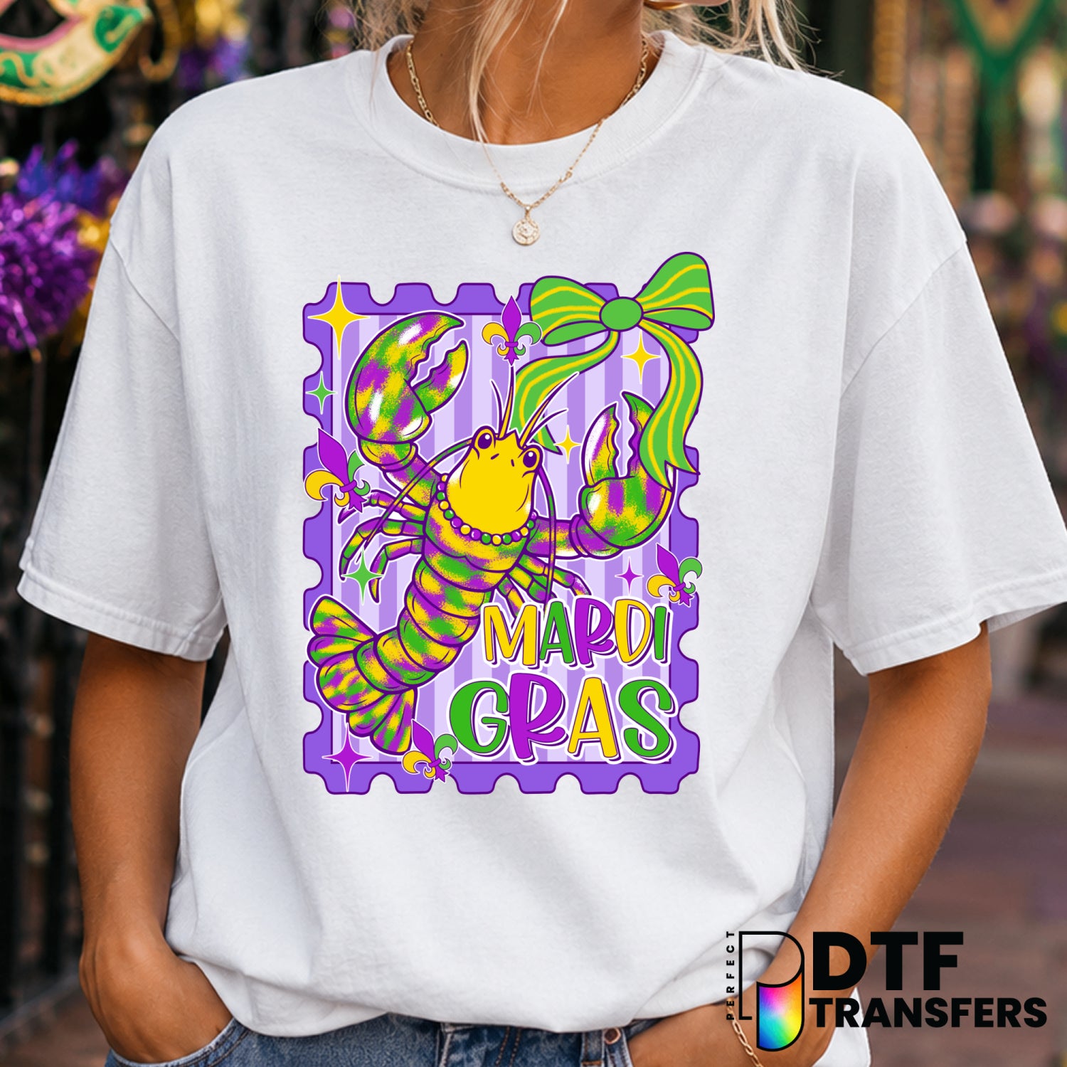 Coquette Striped Crawfish – Mardi Gras DTF Transfer (view 1 of 2) – by Perfect DTF Transfers – Premade DTF Transfers – Mar...