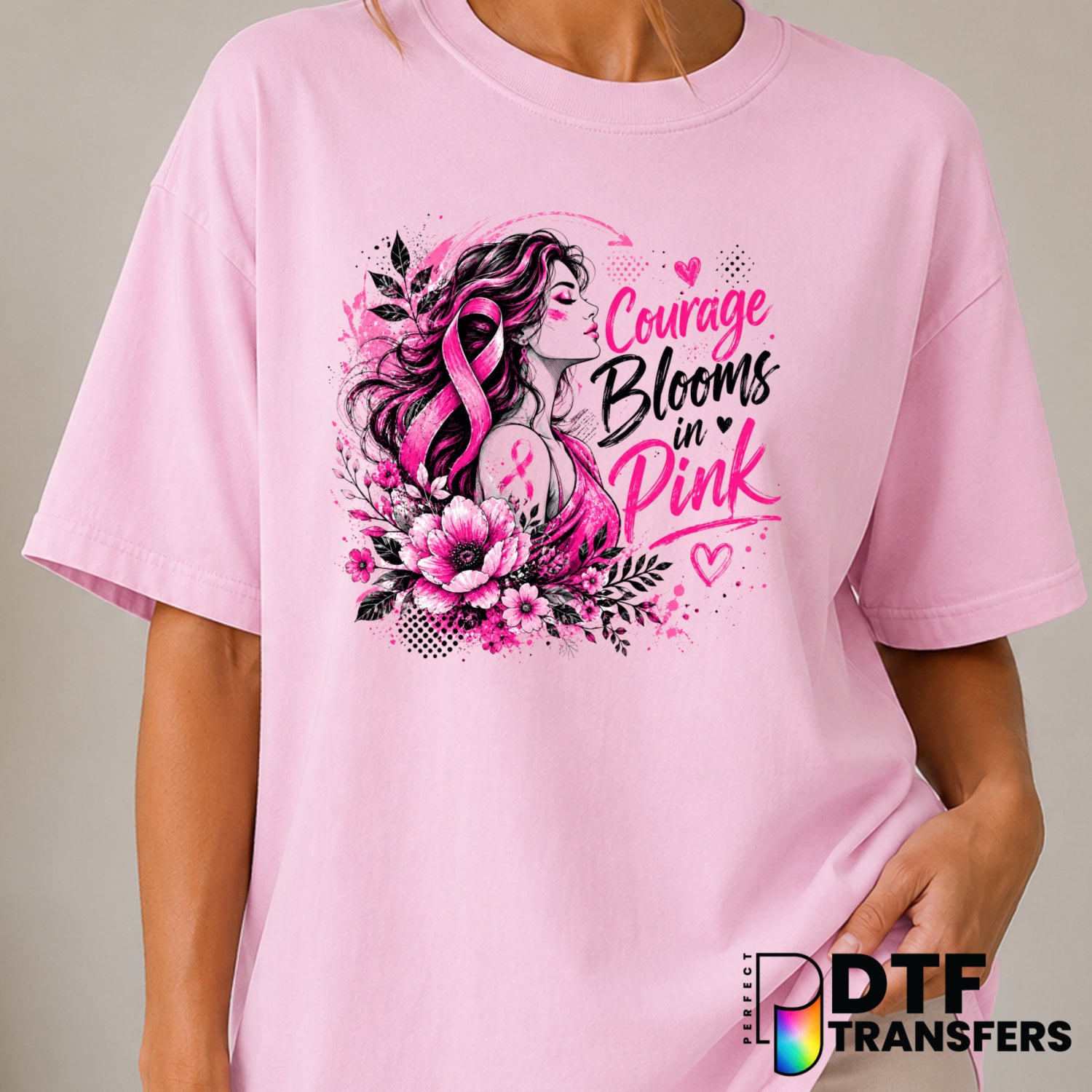 Courage Blooms in Pink – Cancer Awareness DTF Transfer (view 1 of 2) – by Perfect DTF Transfers – Premade DTF Transfers –...
