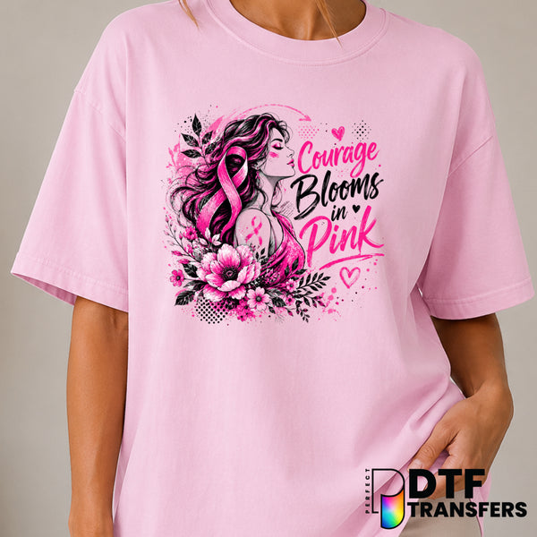 Courage Blooms in Pink – Cancer Awareness DTF Transfer (view 1 of 2) – by Perfect DTF Transfers – Premade DTF Transfers –...