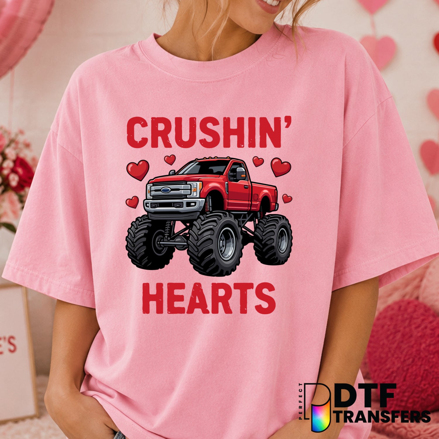 Crushin' Hearts Monster Truck – Valentine's Day DTF Transfer (view 1 of 2) – by Perfect DTF Transfers – Premade DTF Transf...