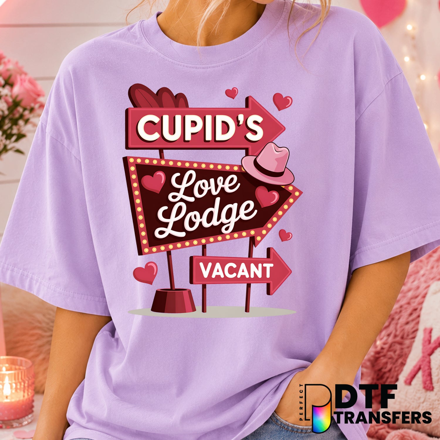 Cupid's Love Lodge – Valentine's Day DTF Transfer (view 1 of 2) – by Perfect DTF Transfers – Premade DTF Transfers – Valen...