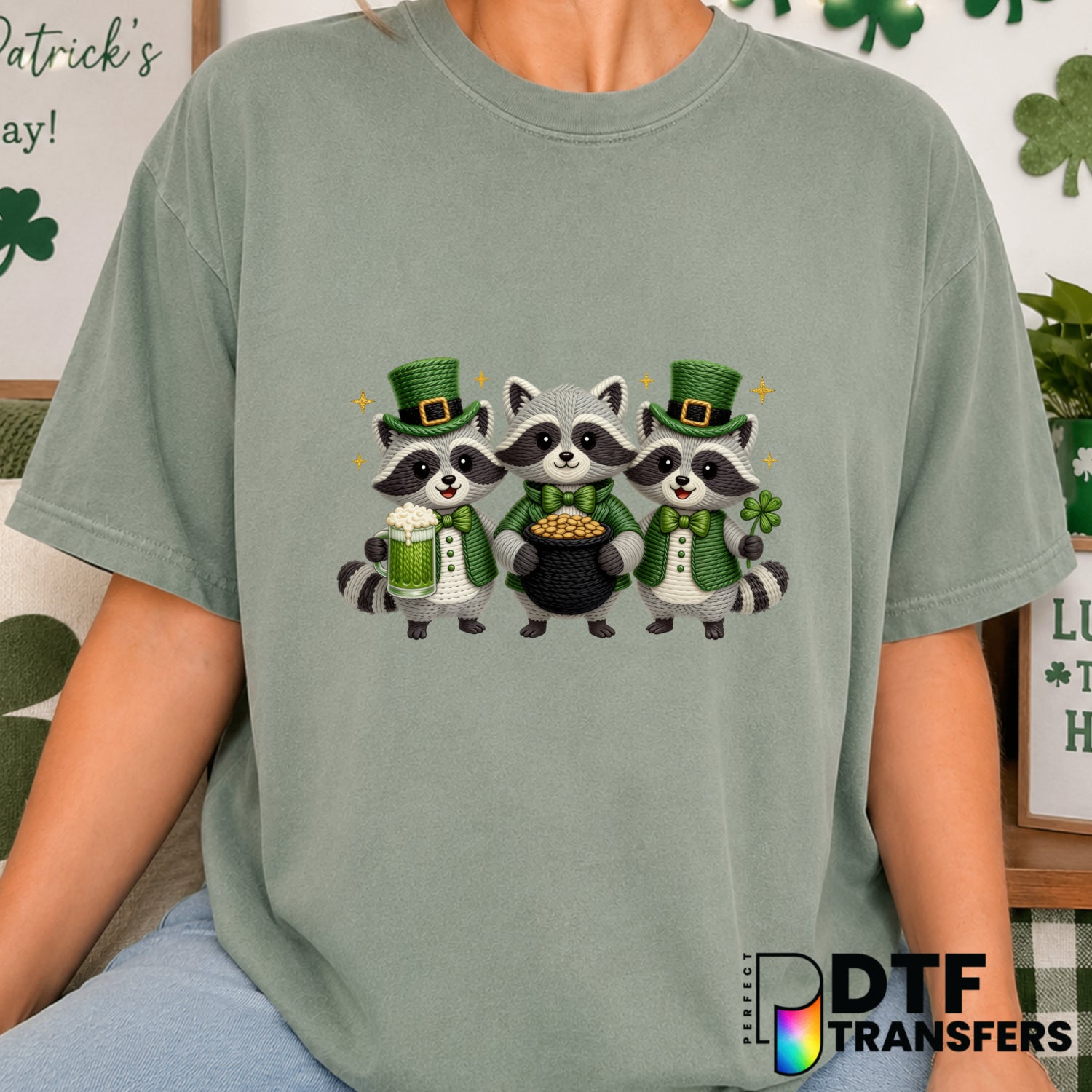 Cute Raccoon Clover Beer – St. Patrick's Day DTF Transfer (view 1 of 2) – by Perfect DTF Transfers – Premade DTF Transfers...