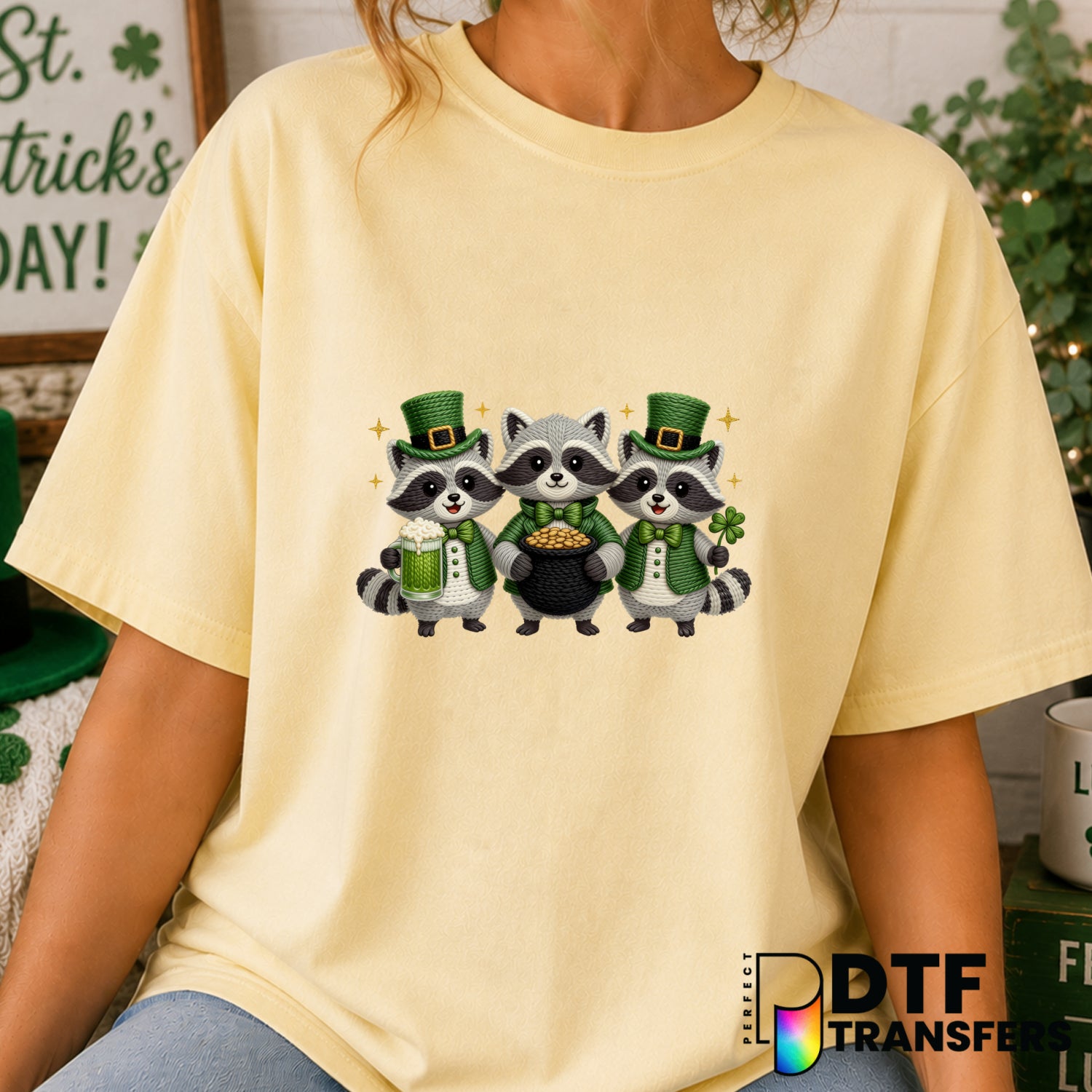 Cute Raccoon Clover Beer – St. Patrick's Day DTF Transfer (view 2 of 2) – by Perfect DTF Transfers – Premade DTF Transfers...