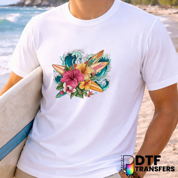 Vintage Tropical Flower Surfboard Waves – Surfing DTF Transfer