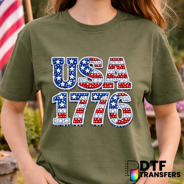 USA 1776 Faux Rhinestone Stacked – Fourth of July DTF Transfer