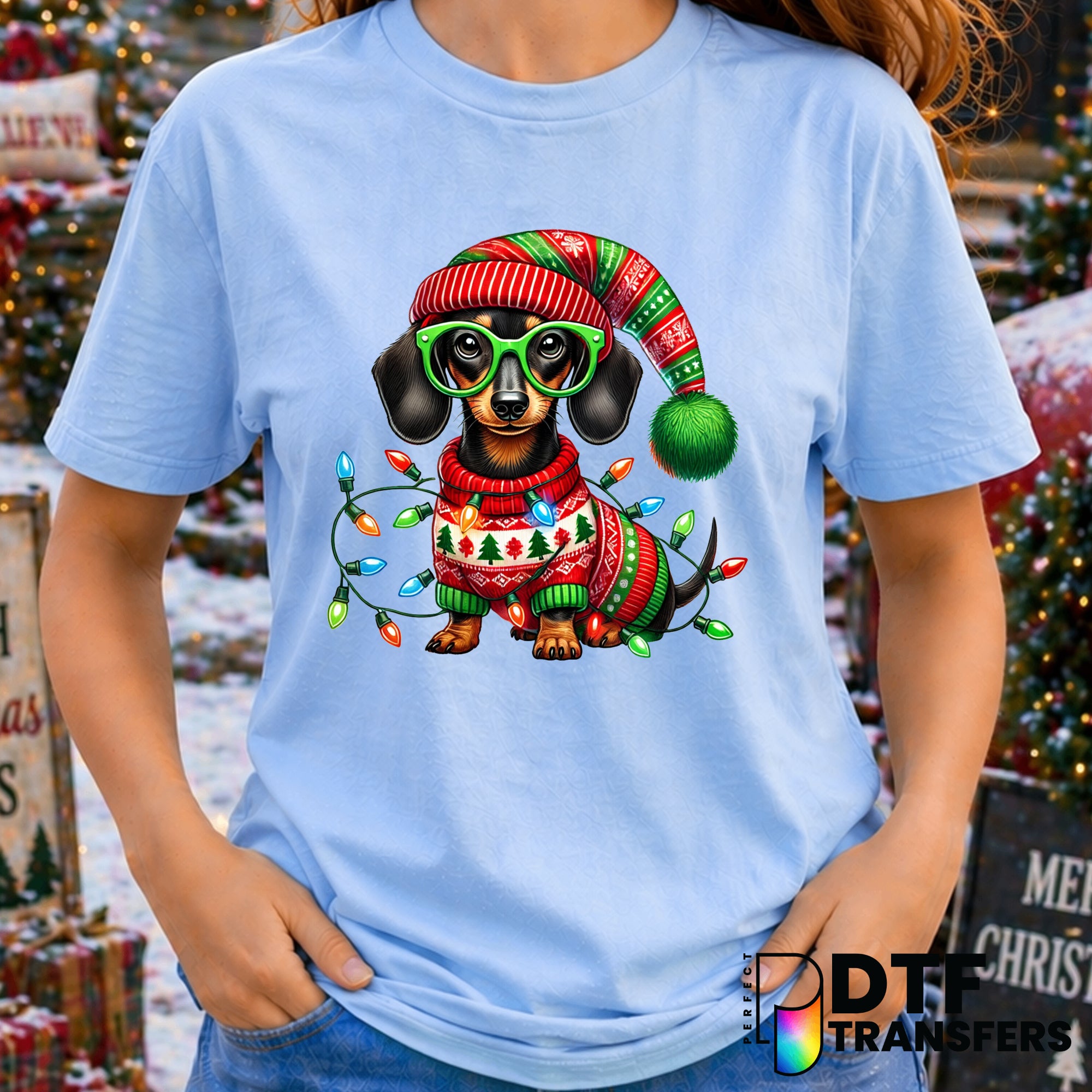 Dachshund Dog with Christmas Lights – Christmas DTF Transfer