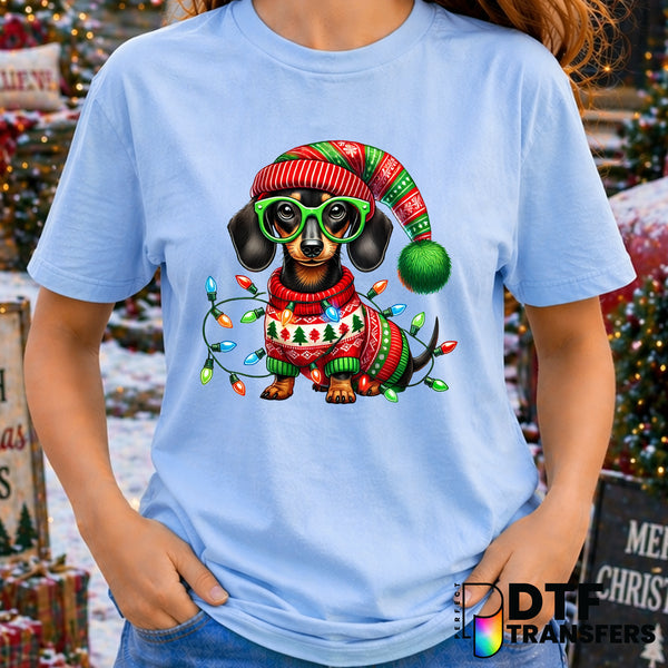 Dachshund Dog with Christmas Lights – Christmas DTF Transfer