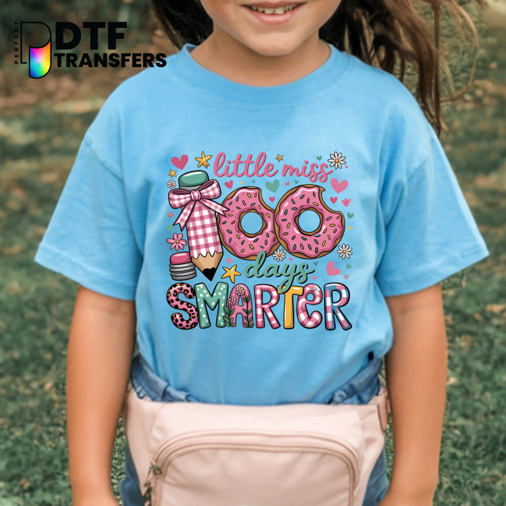 Little Miss 100 Days Smarter 100 Days of School Pink Donut – Teacher DTF Transfer