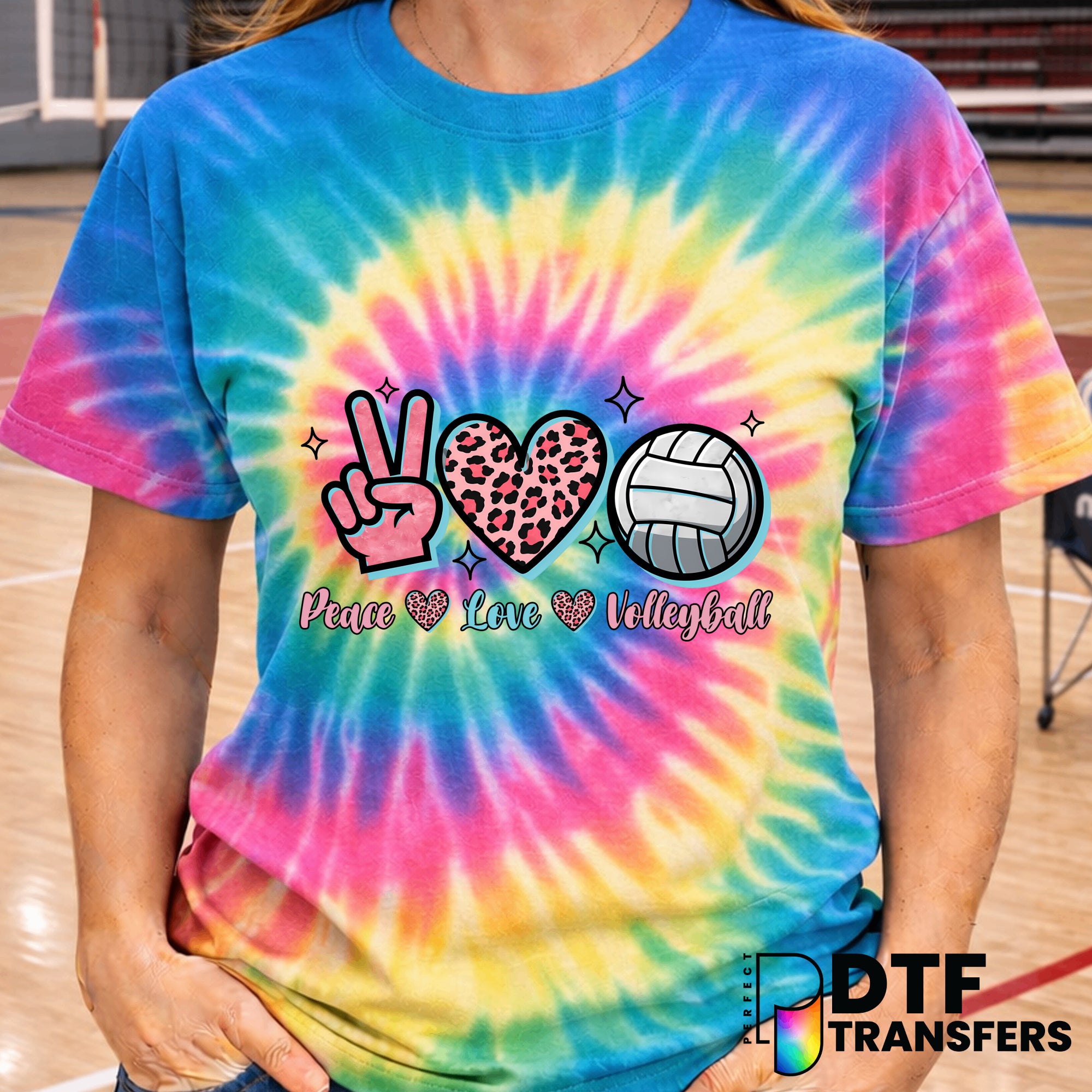 Peace Love Volleyball Leopard Script Sparkles – Volleyball DTF Transfer