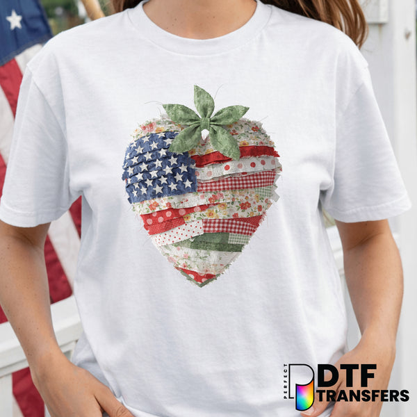 Faux Patchwork Strawberry – Fourth of July DTF Transfer