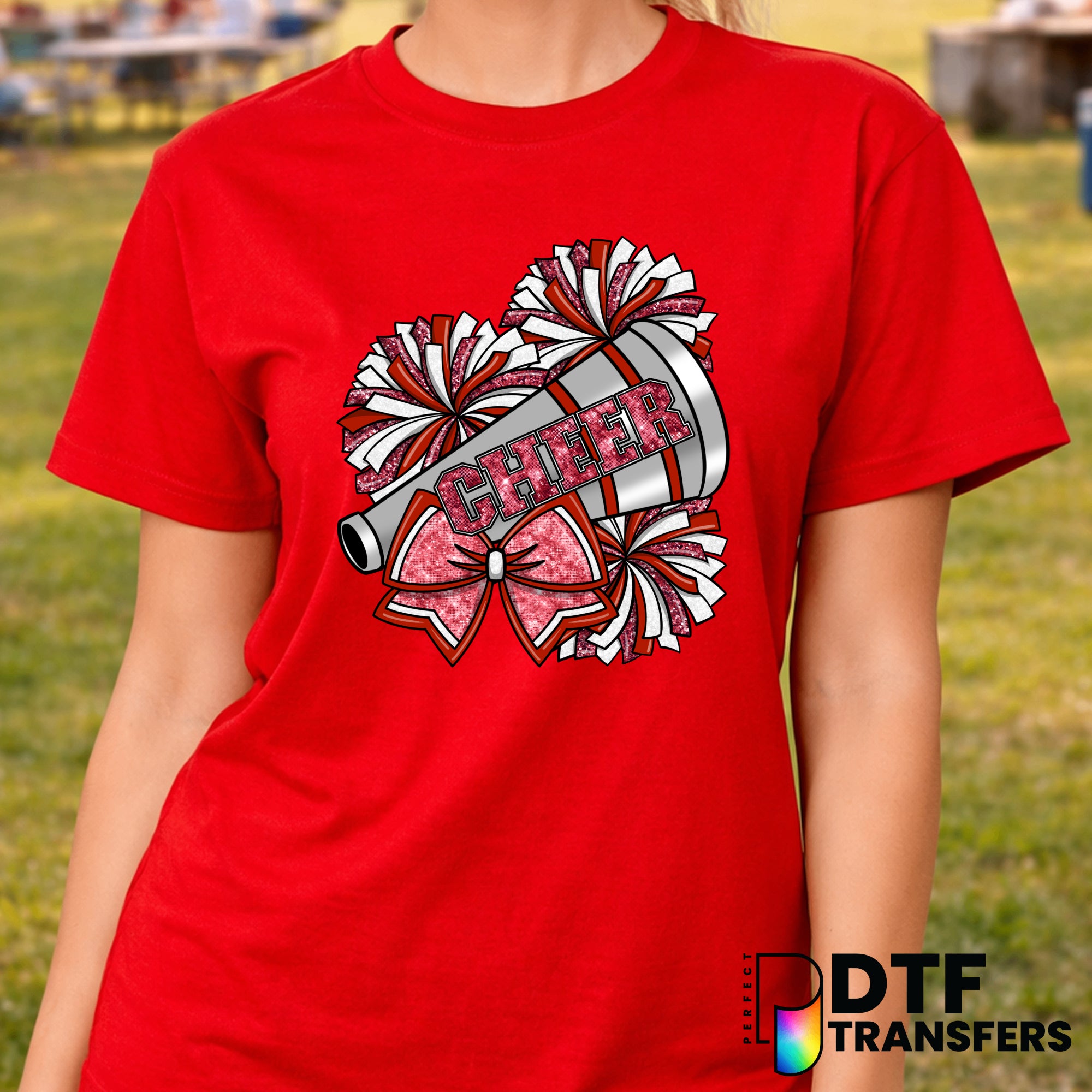 Red Glitter Cheer Bow with Pom Poms – Cheerleading DTF Transfer