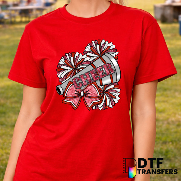 Red Glitter Cheer Bow with Pom Poms – Cheerleading DTF Transfer