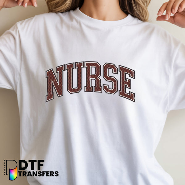 NURSE SCHOOL Brown Checkered Varsity Arch – School Nurse DTF Transfer
