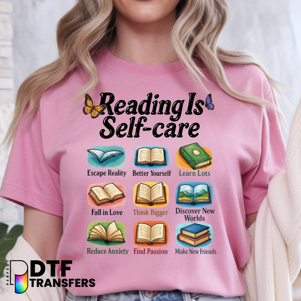 Reading is Self-Care – Colorful Book Stack Teacher DTF Transfer