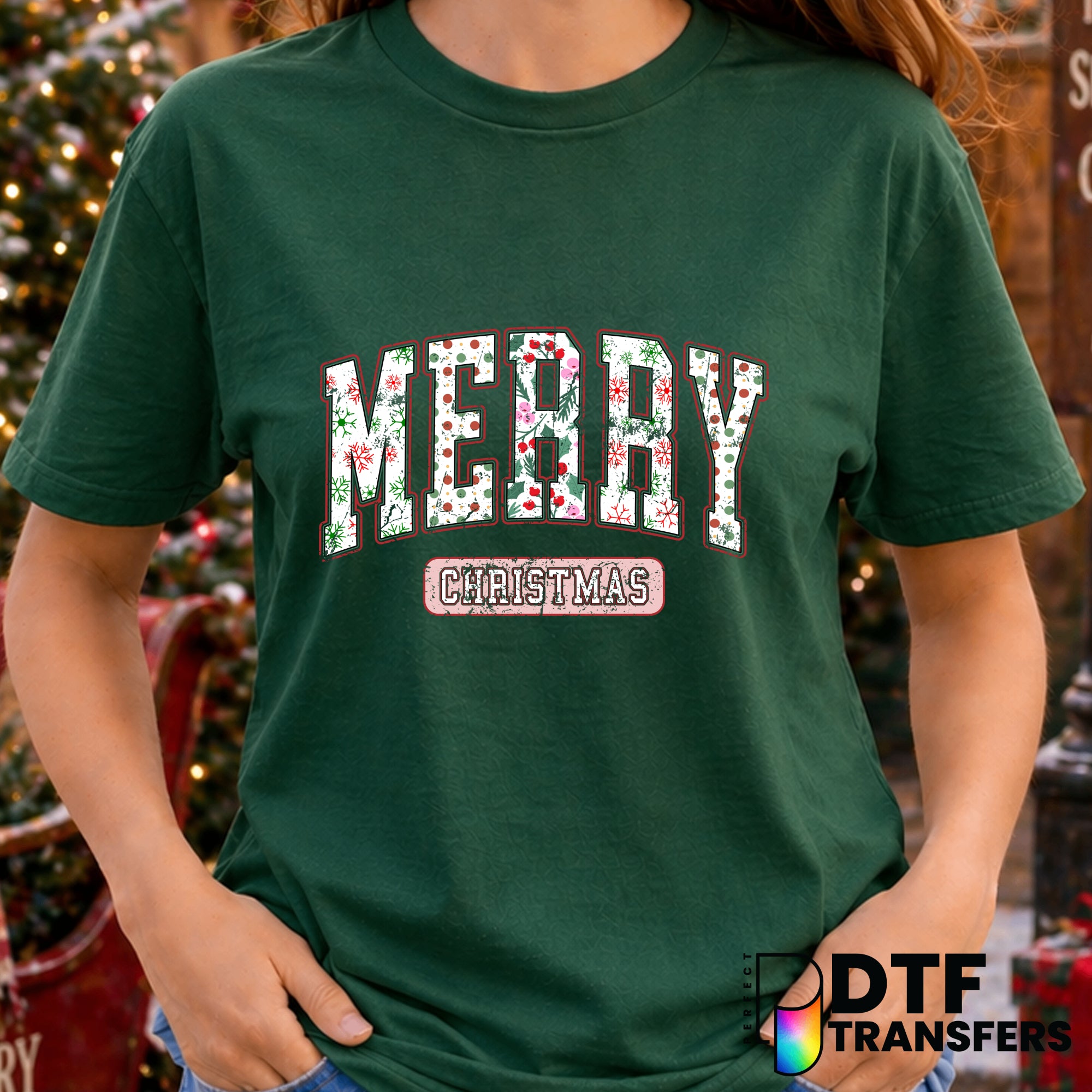Merry Christmas Retro Varsity Arch Snowflakes – Christmas DTF Transfer