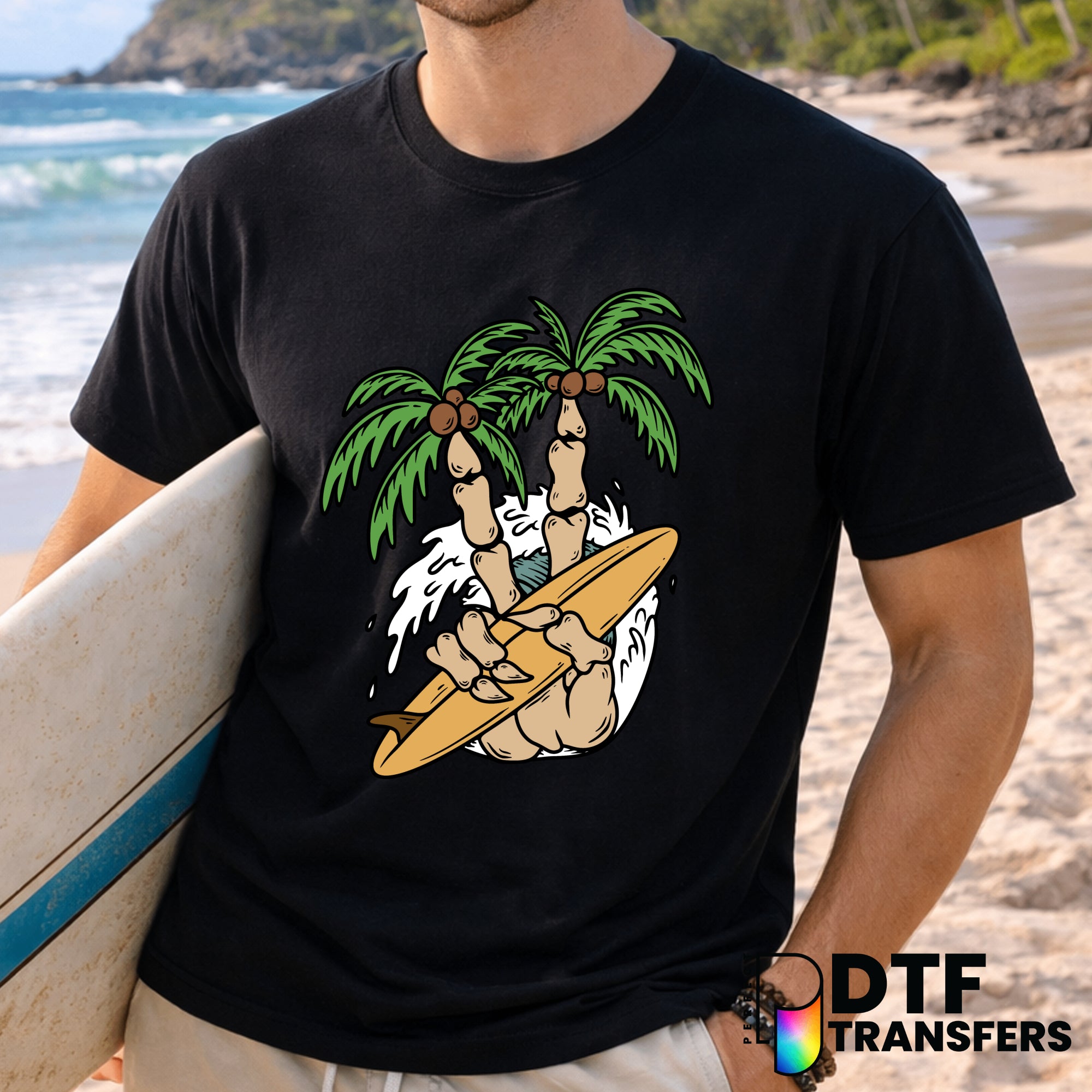 Peace Sign Skeleton Palm Trees Wave Sunset – Surfing DTF Transfer
