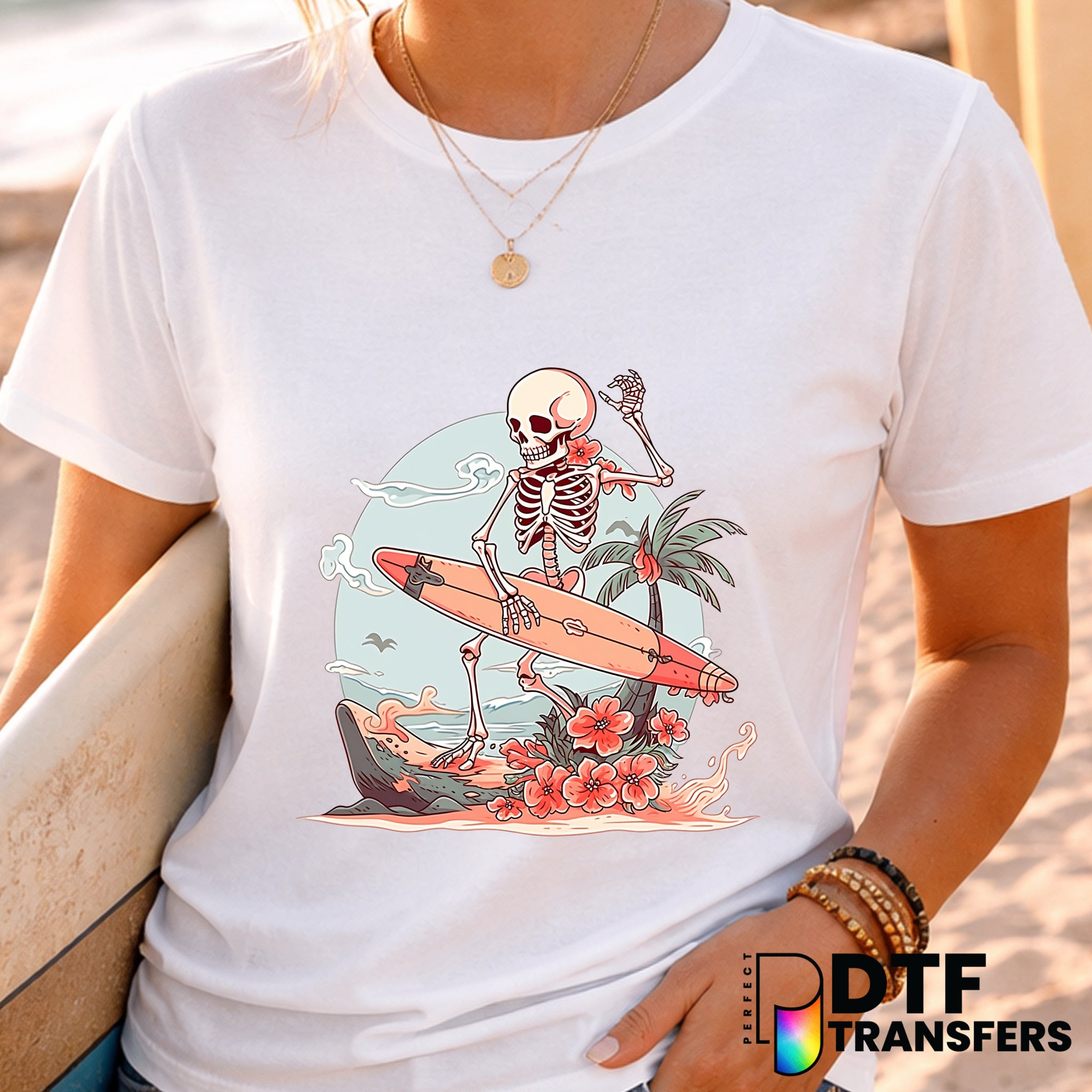 Pink Floral Skeleton Surfing – Surfing DTF Transfer