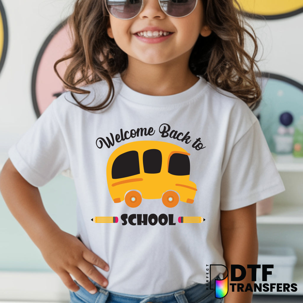 Welcome Back to School Yellow Bus Apple – Teacher School DTF Transfer