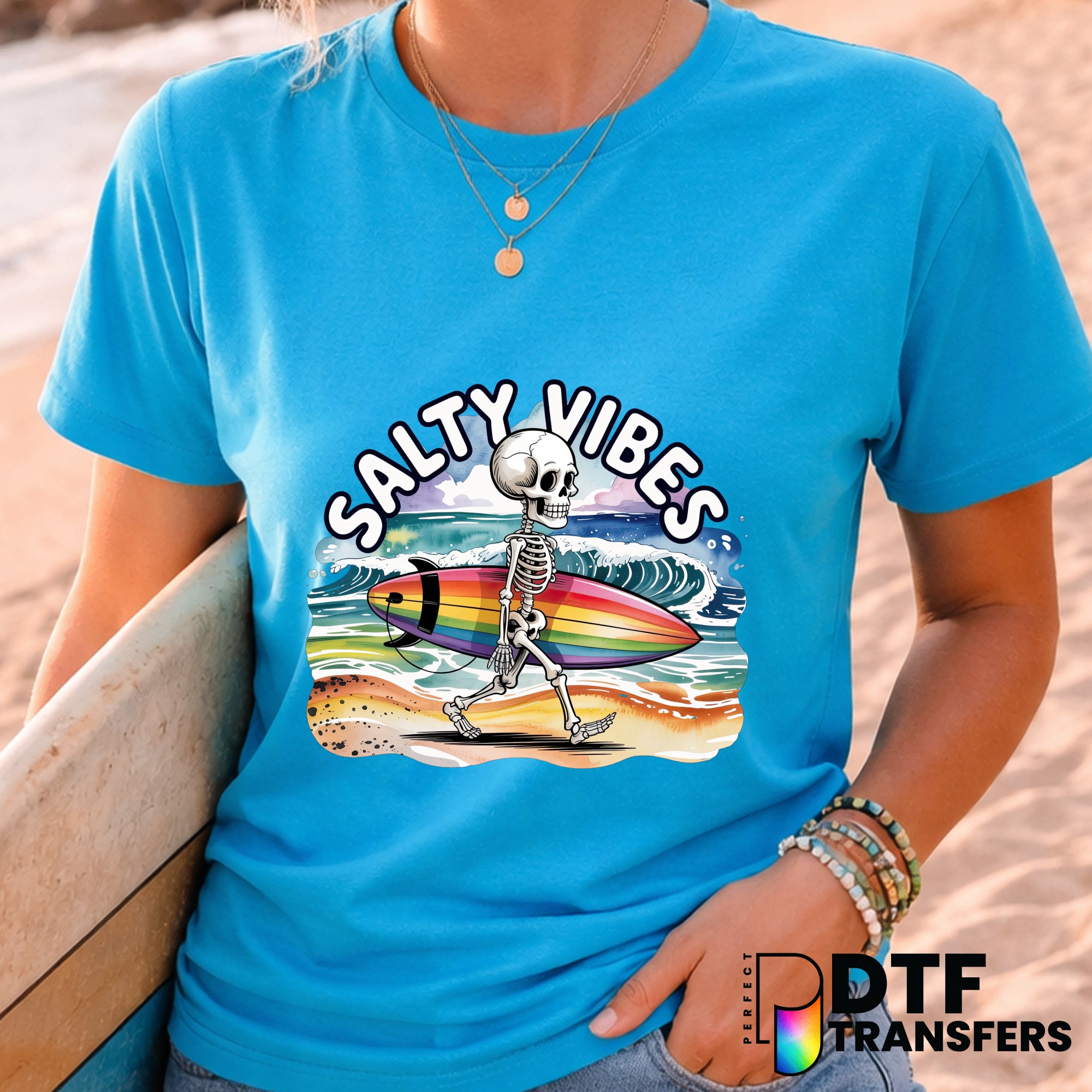 Salty Vibes Surfing Skeleton – DTF Transfer