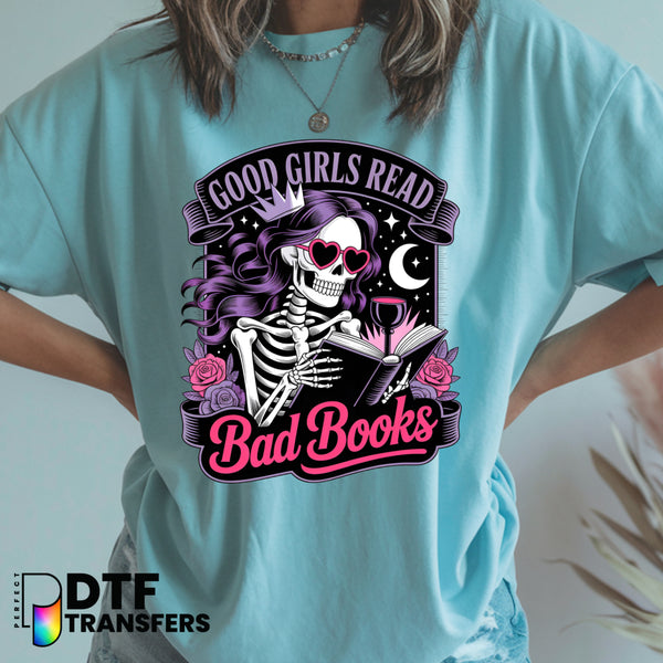 Good Girls Read Bad Books Skeleton – Teacher DTF Transfer