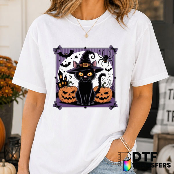 Preppy Black Cat Witch Hat – Halloween DTF Transfer