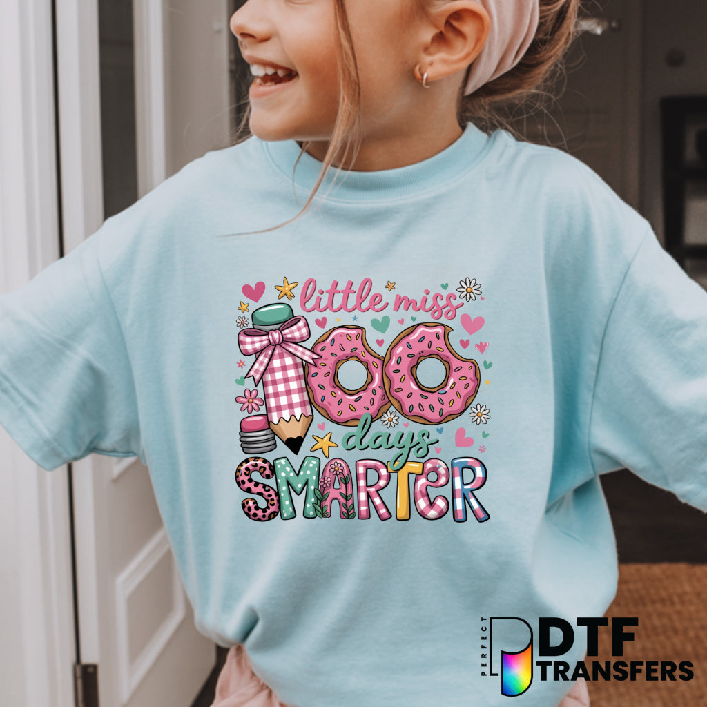 Little Miss 100 Days Smarter 100 Days of School Pink Donut – Teacher DTF Transfer