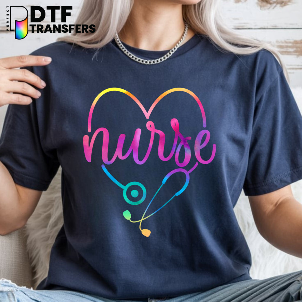 Rainbow Tie-Dye Stethoscope 'SCHOOL NURSE' – School Nurse DTF Transfer