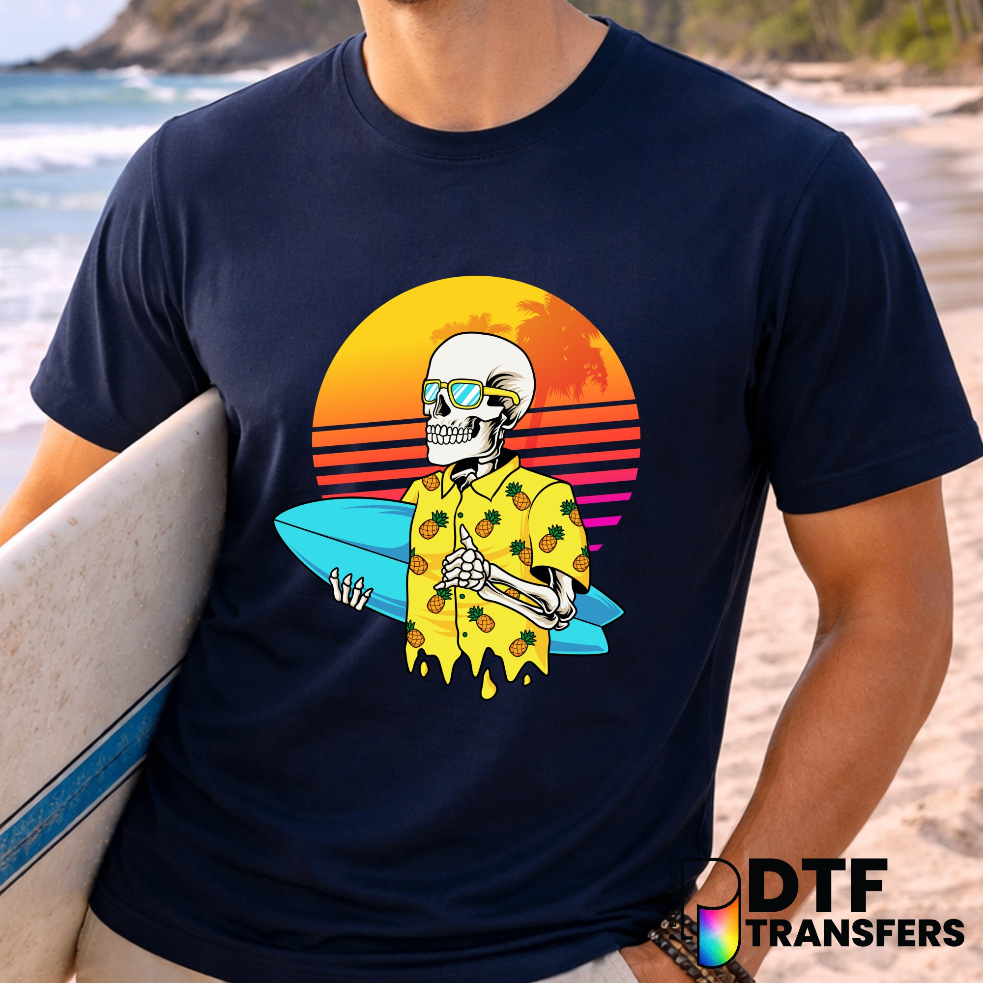 Hawaiian Shirt Skeleton Surfing – DTF Transfer