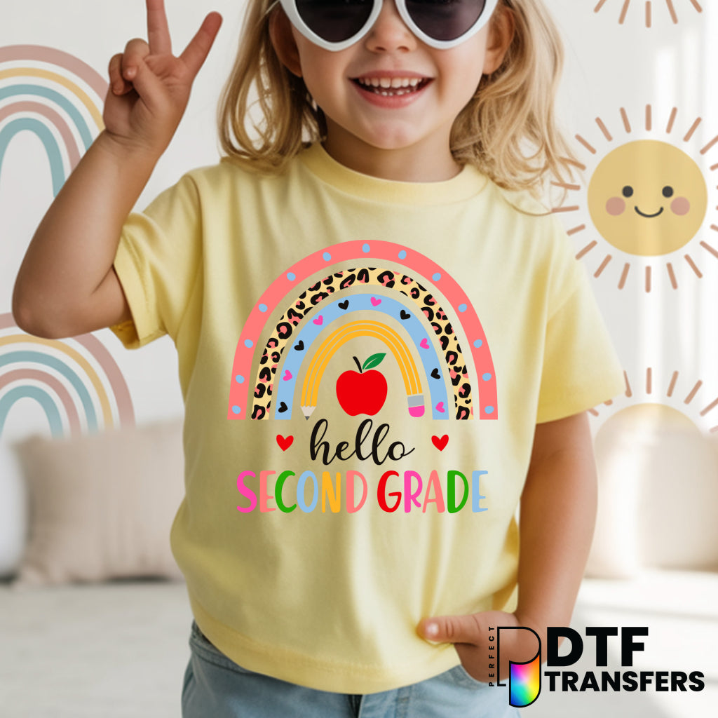 Hello Second Grade Leopard Rainbow School Icons – Teacher DTF Transfer