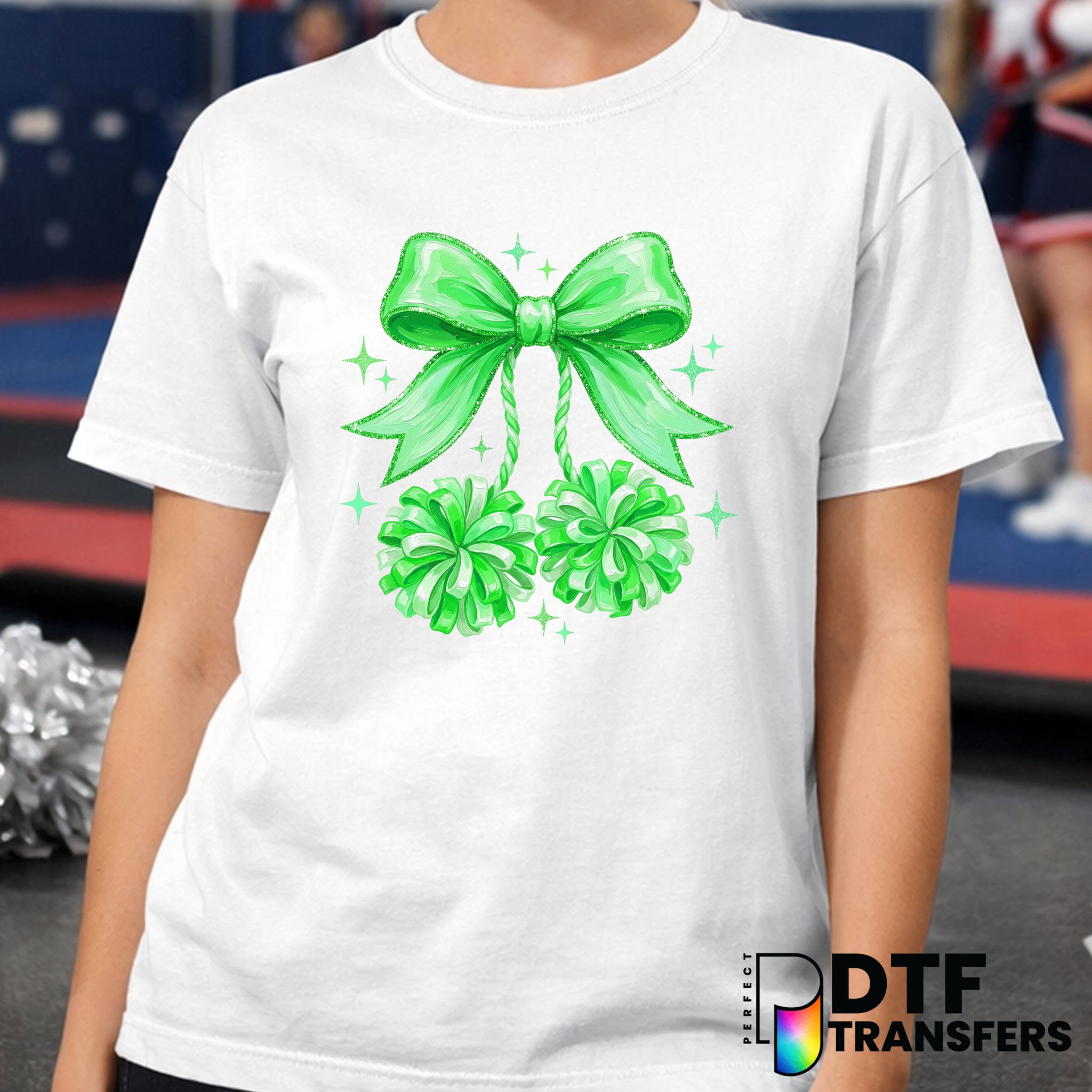 Green Pom Pom Coquette Bow CHEER – Cheerleading DTF Transfer