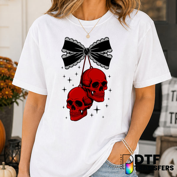 Coquette Lace Bow Skull Cherries – Halloween DTF Transfer