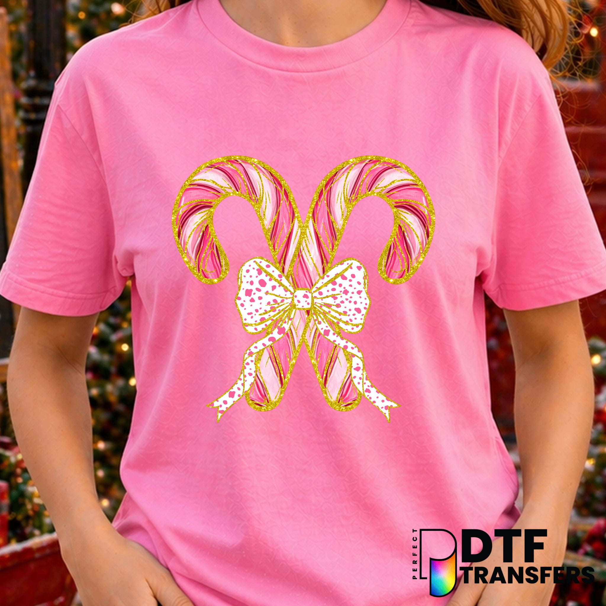 Pink and Gold Candy Cane Coquette Bow Christmas – Christmas DTF Transfer