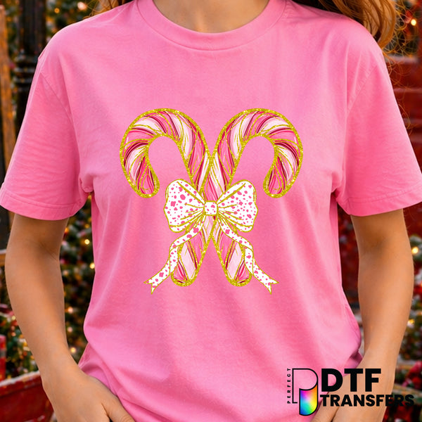 Pink and Gold Candy Cane Coquette Bow Christmas – Christmas DTF Transfer