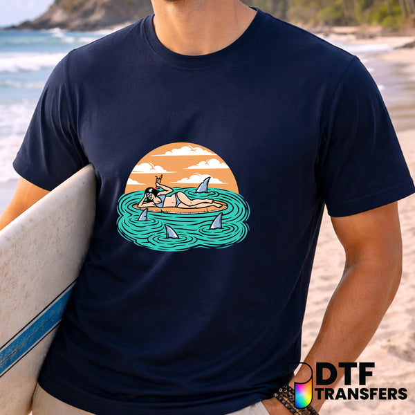 Woman Surfer & Sharks – Surfing DTF Transfer
