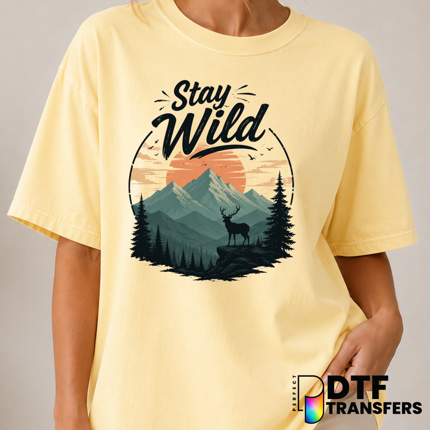 Deer Mountain & Pine Trees – Hiking DTF Transfer (view 1 of 2) – by Perfect DTF Transfers – Premade DTF Transfers – Hiking...