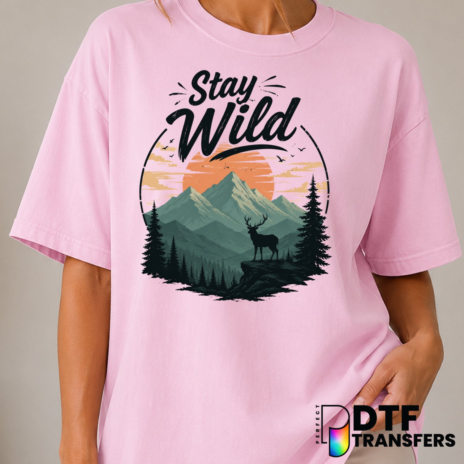 Deer Mountain & Pine Trees – Hiking DTF Transfer (view 2 of 2) – by Perfect DTF Transfers – Premade DTF Transfers – Hiking...