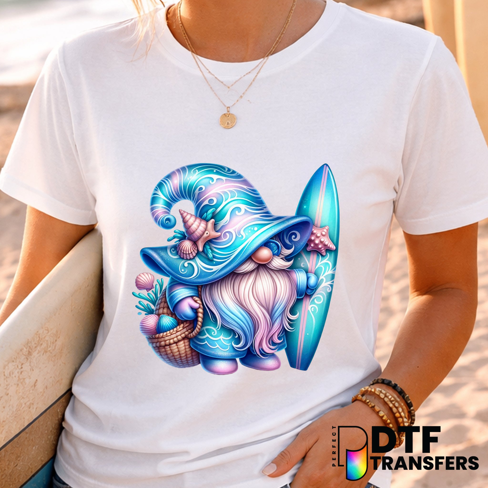 Surfing Gnome with Surfboard – Surfing DTF Transfer