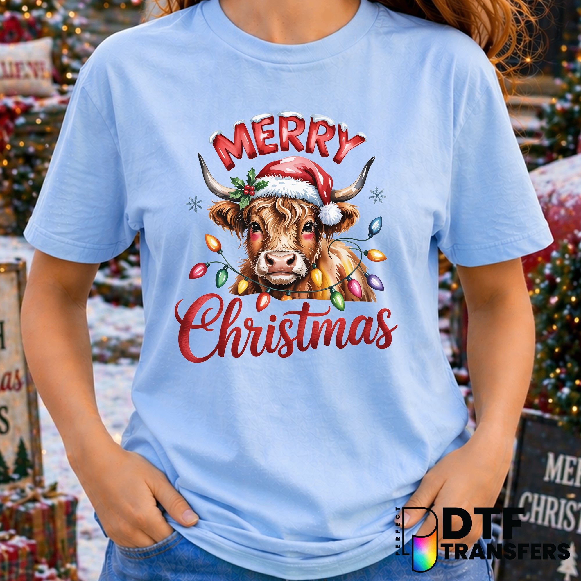 Highland Cow Christmas Lights – Christmas DTF Transfer